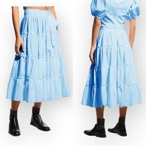 NWT‎ CINQ À SEPT Jackie Belted Tiered Midi Skirt, Size 4, Celeste Blue